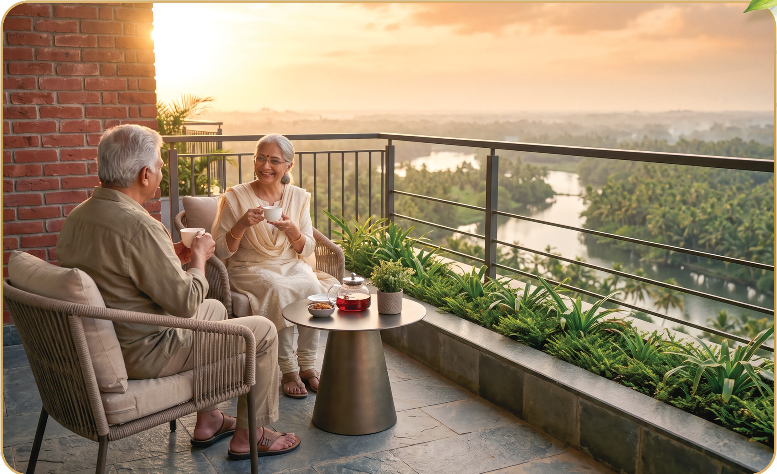 Active seniors enjoying waterfront garden stroll